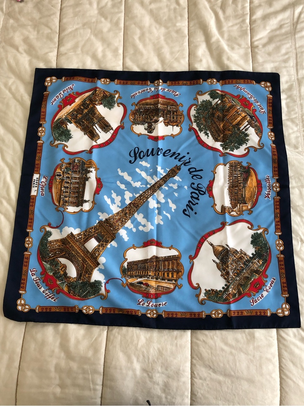 Lahmy Souvenir de Paris Scarf Blue Black Red 29” x 30”